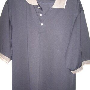 Tri-Mountain Polo Shirt Men's Size Larg Dark Blue w/Beige Collar & Cuffs